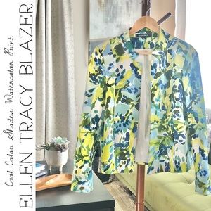 Ellen Tracy Open Front Blazer with Cool Color Shades Watercolor Print